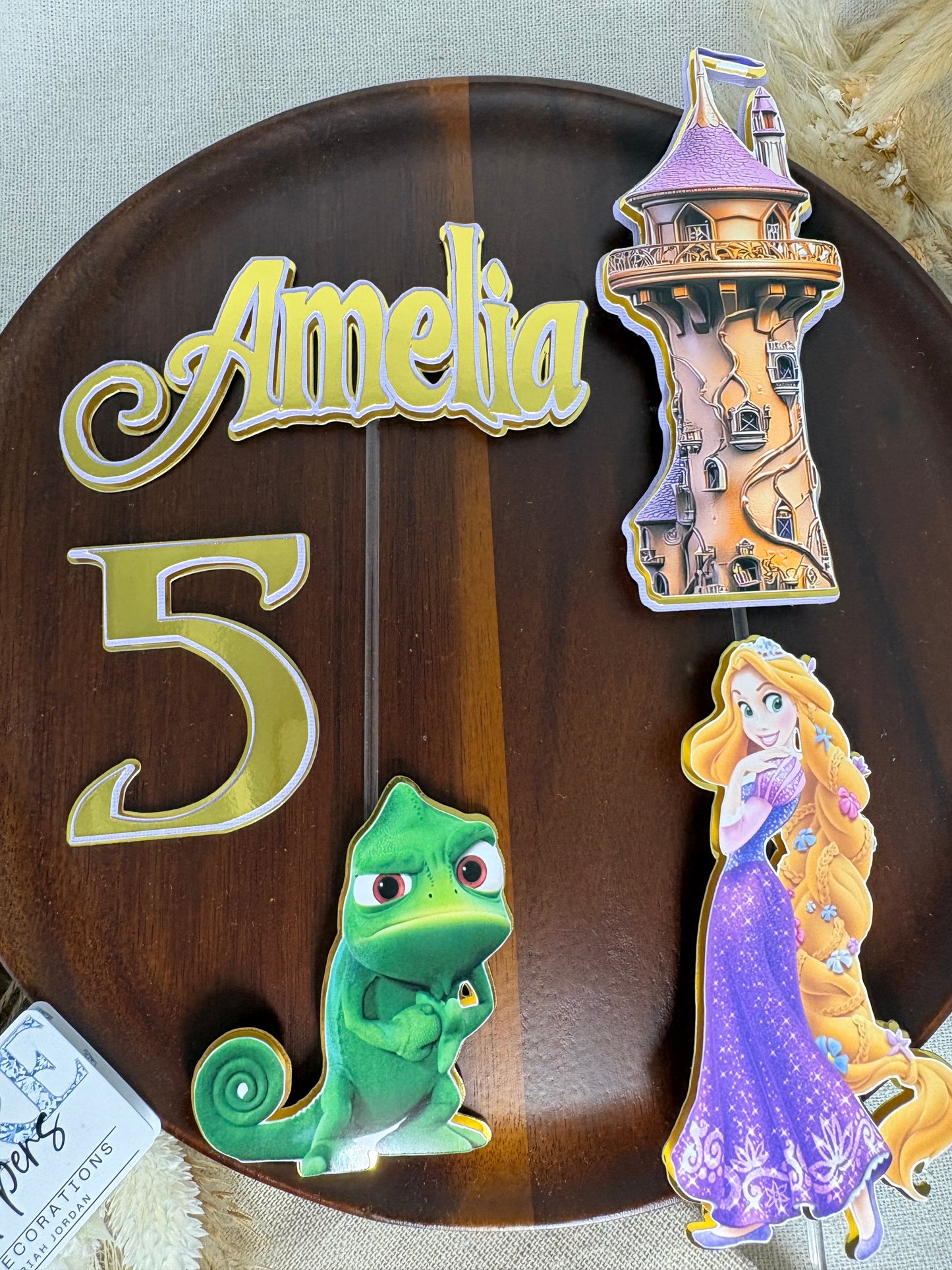 Personalised Rapunzel Inspired Cake Topper Set – Princess Castle & Chameleon Birthday Decoration