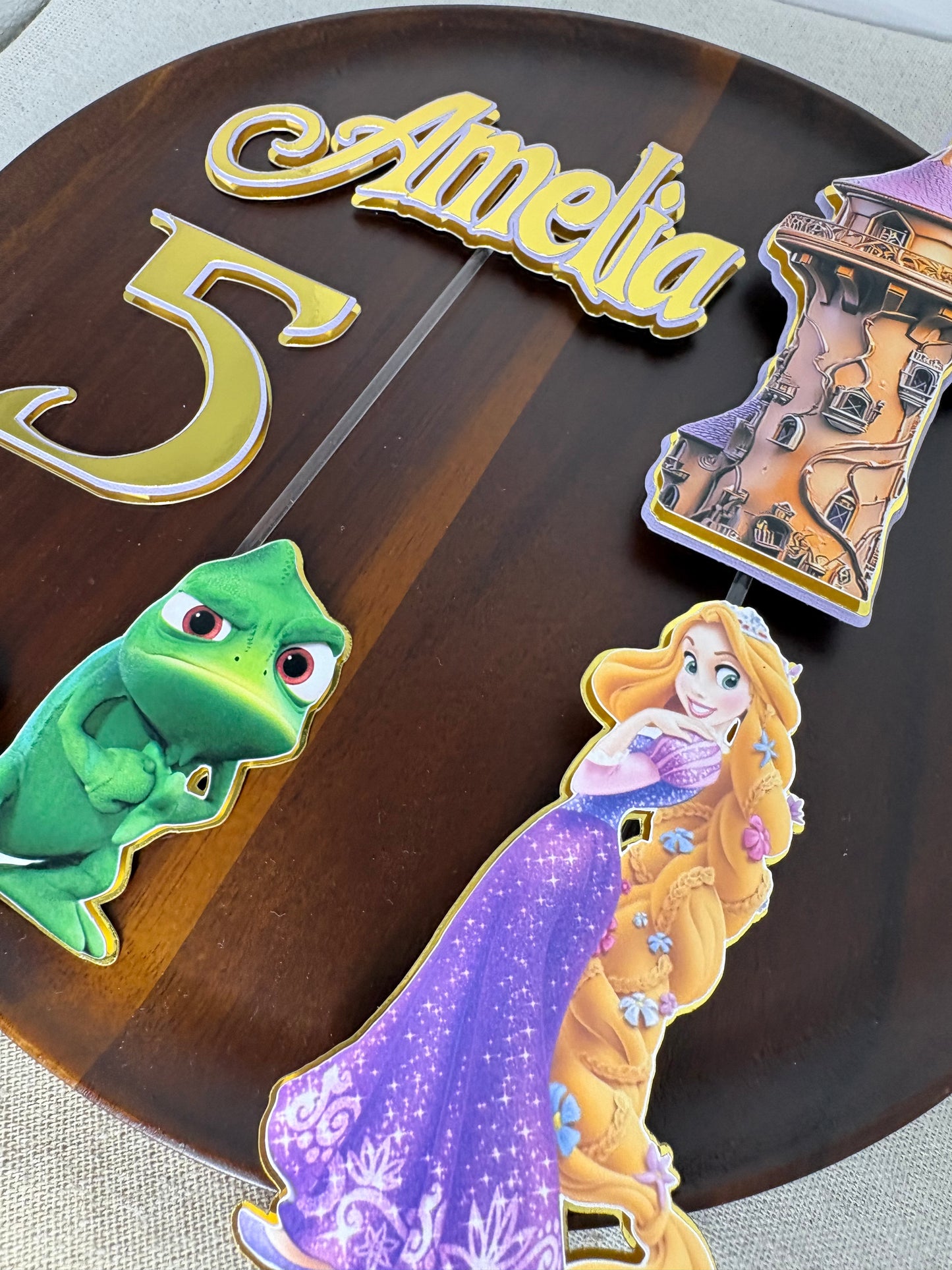 Personalised Rapunzel Inspired Cake Topper Set – Princess Castle & Chameleon Birthday Decoration