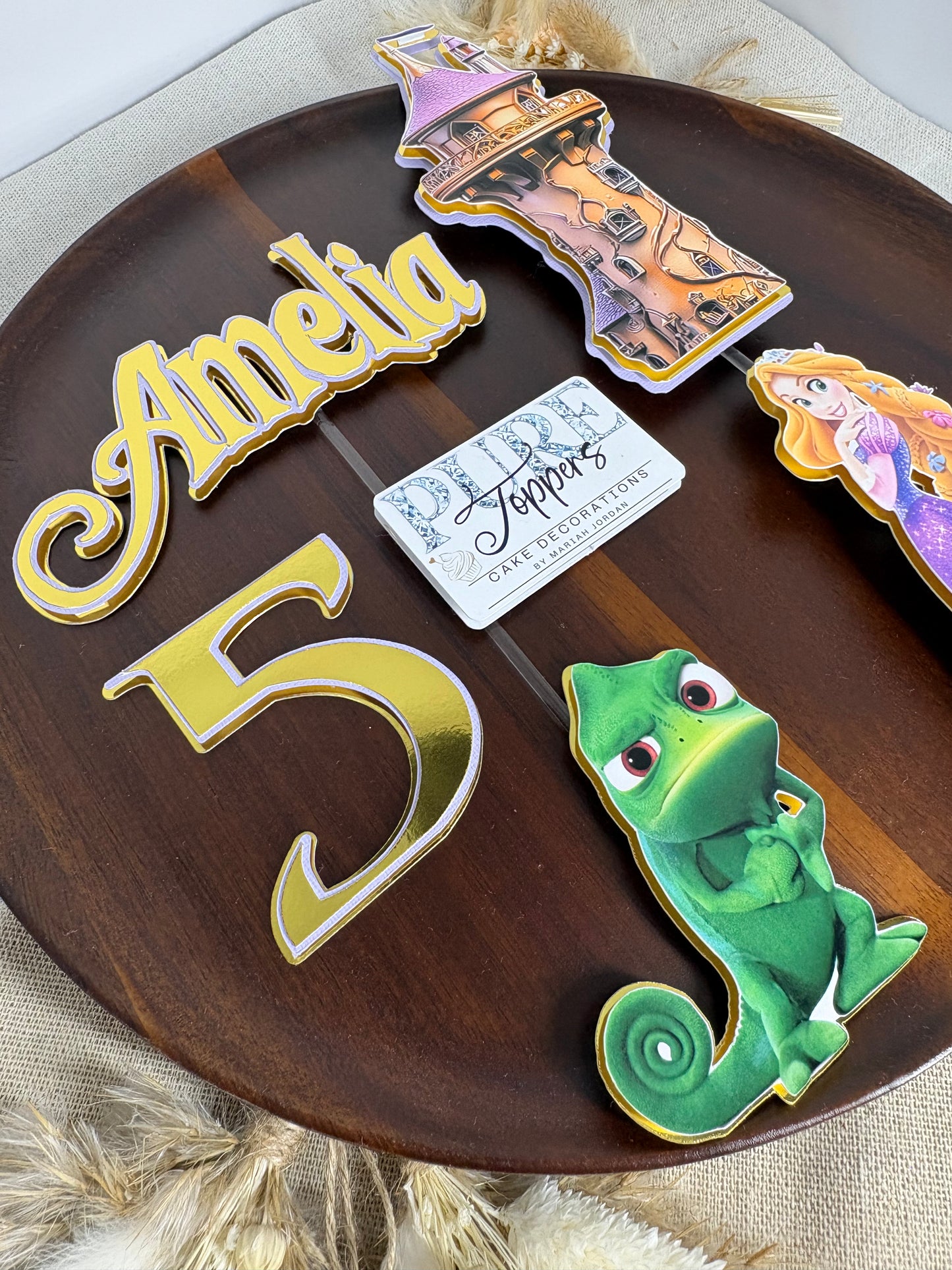 Personalised Rapunzel Inspired Cake Topper Set – Princess Castle & Chameleon Birthday Decoration