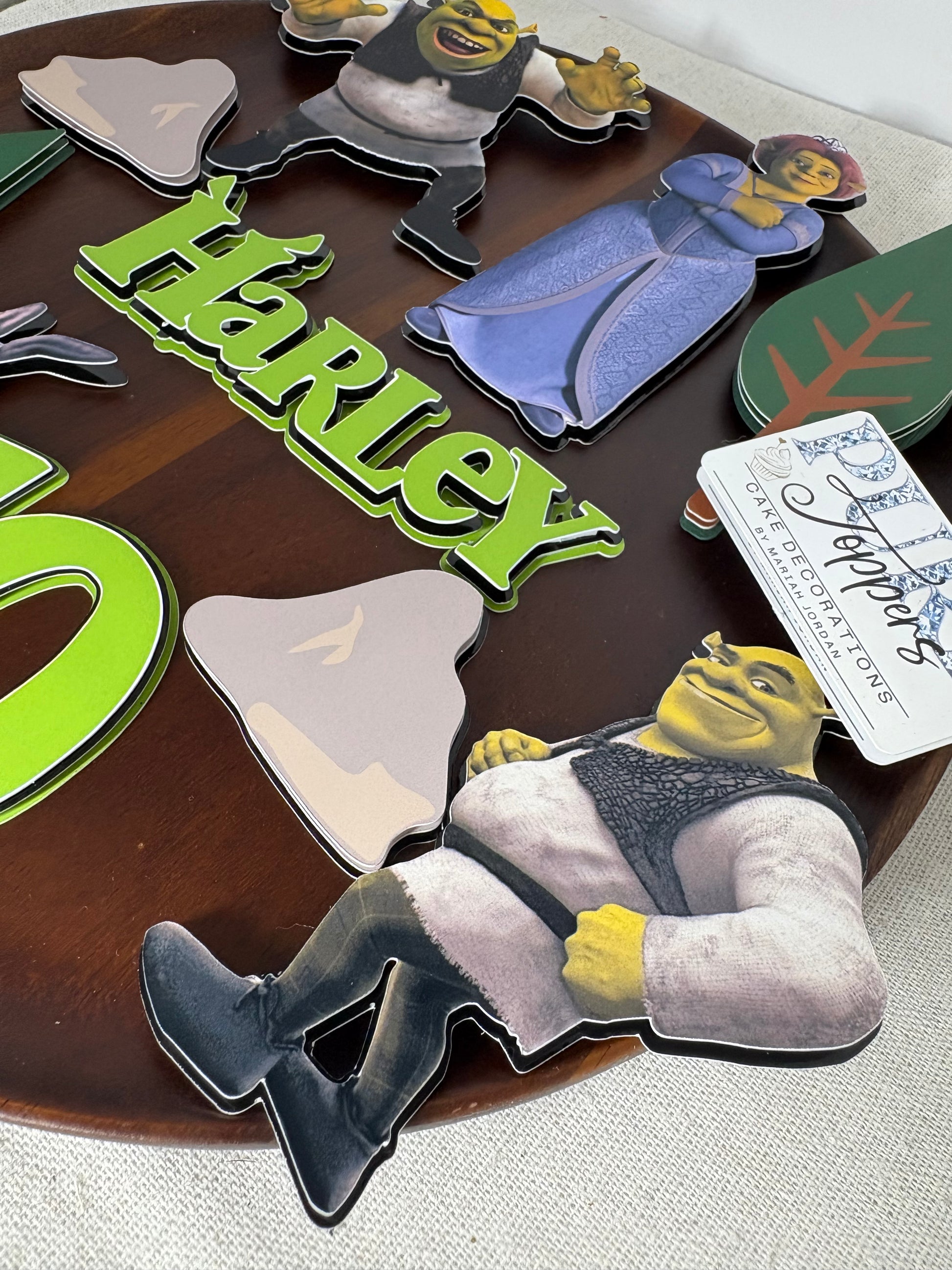 Shrek-themed birthday cake decorations made from premium cardstock and photo paper with personalised name and age.