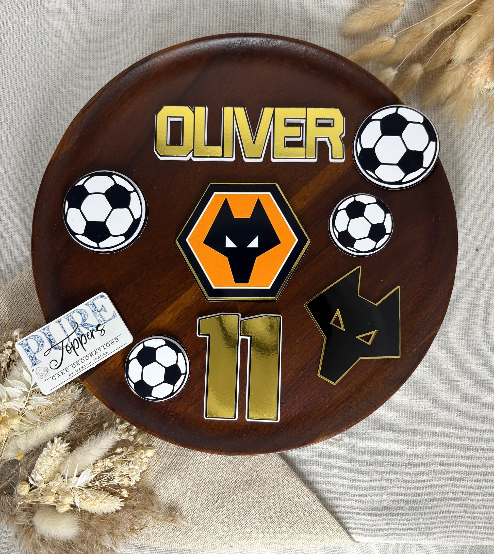 Personalised Wolves football cake topper set with custom name and age