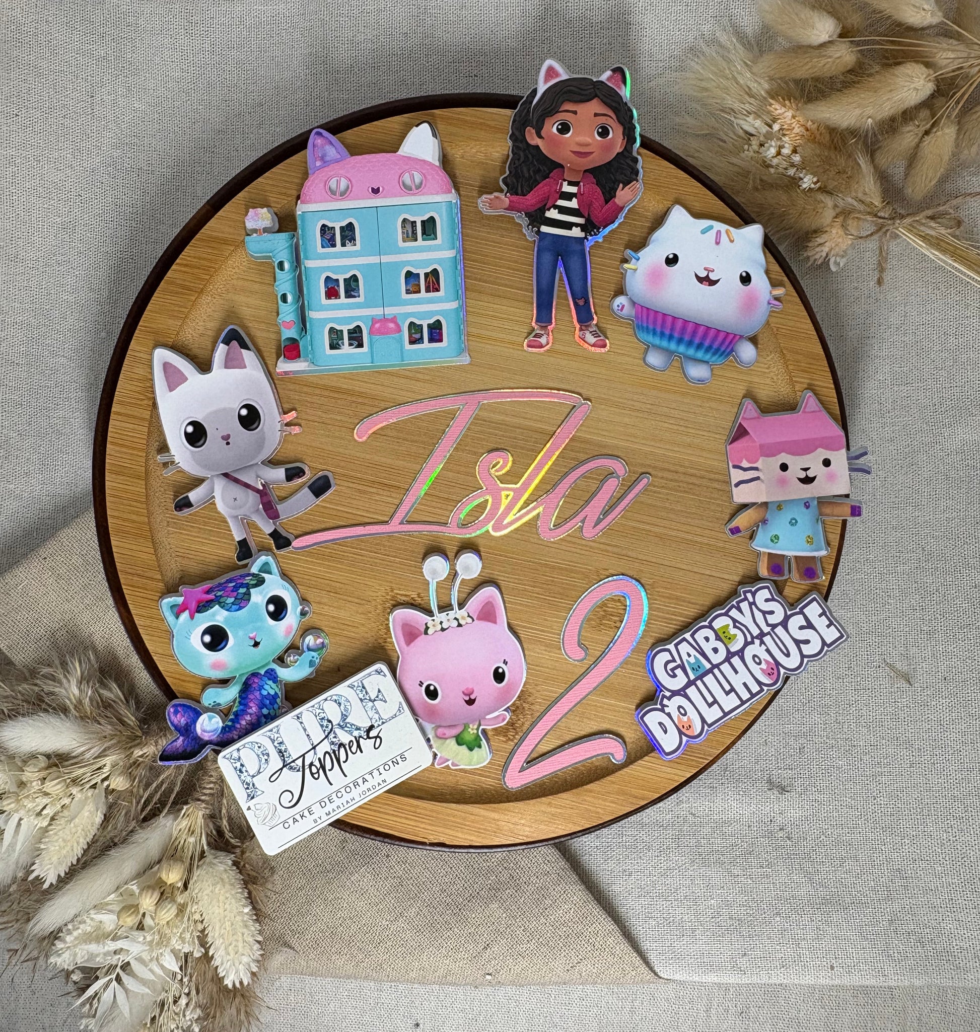 Gabby's Dollhouse cake charm set with personalised name, age and character decorations