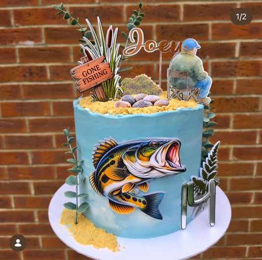 Gone Fishing birthday cake decoration set with bass fish, fisherman, reeds, rocks and personalised name and age