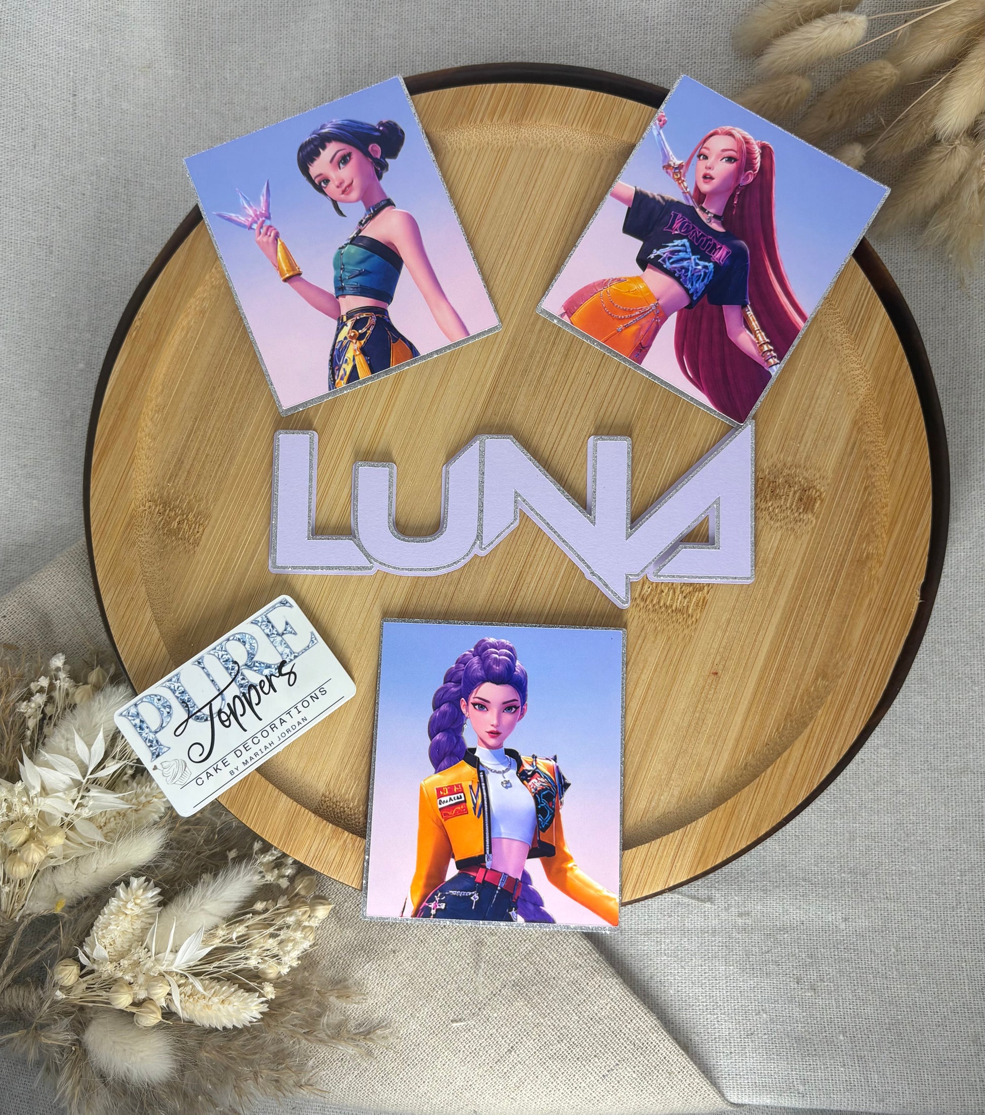 Personalised KPop Demon Hunters cake charm set with framed characters and layered name