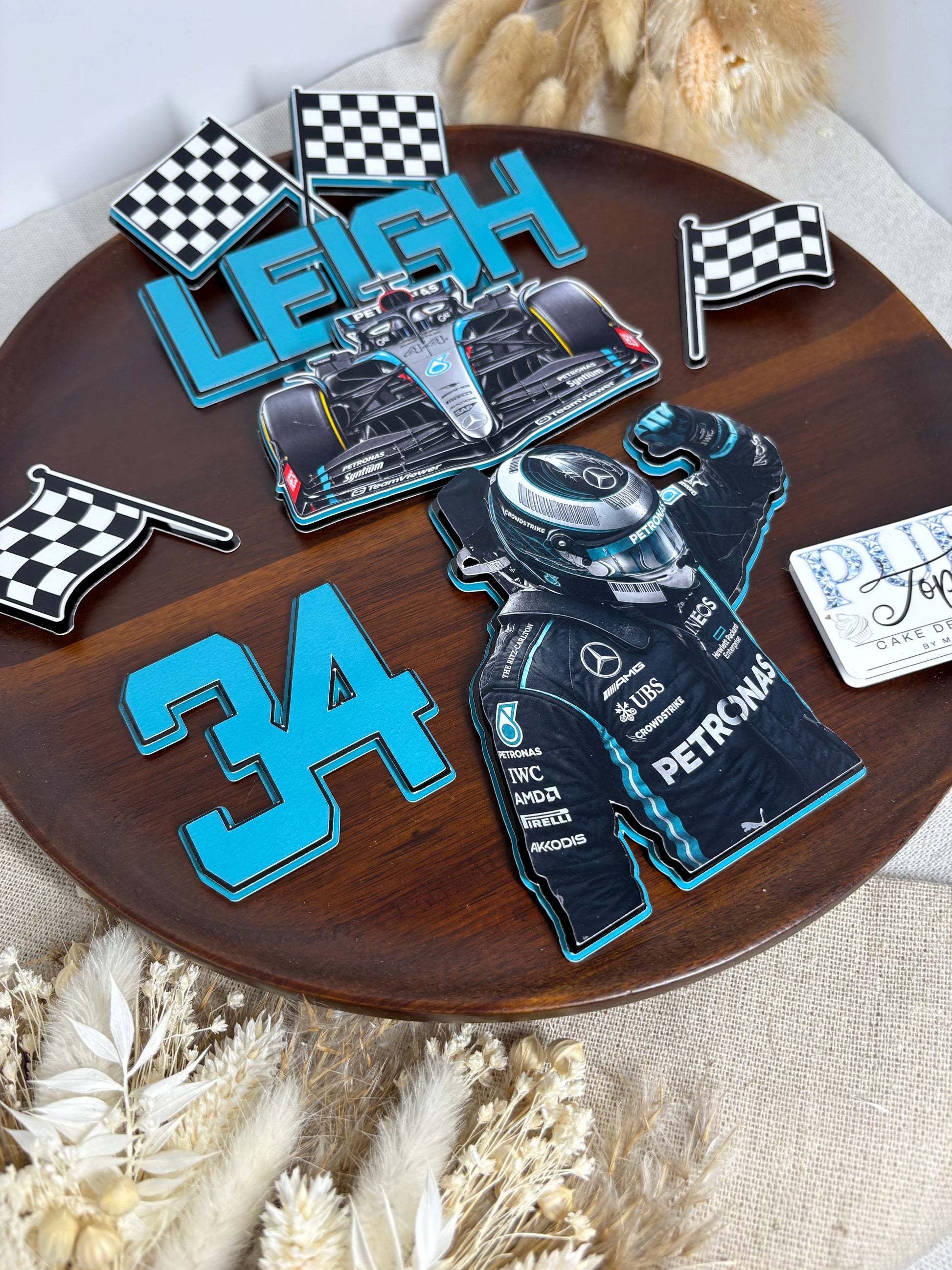 Mercedes inspired personalised Formula 1 cake topper set for a racing themed birthday cake