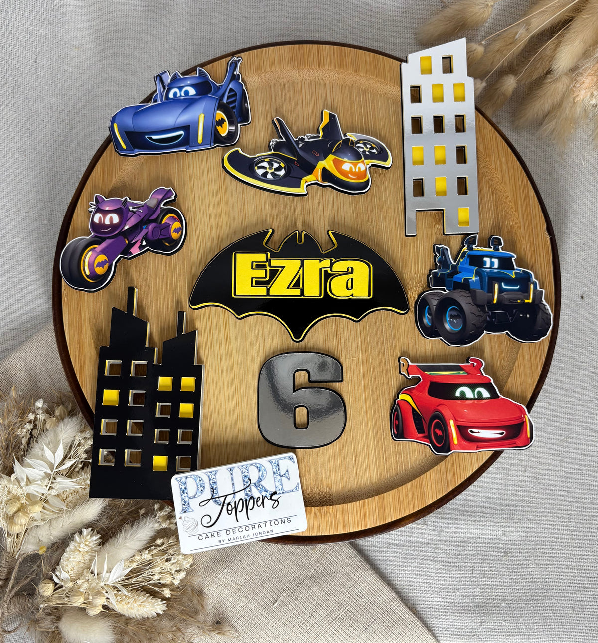Personalised Batwheels cake topper set with custom name and age