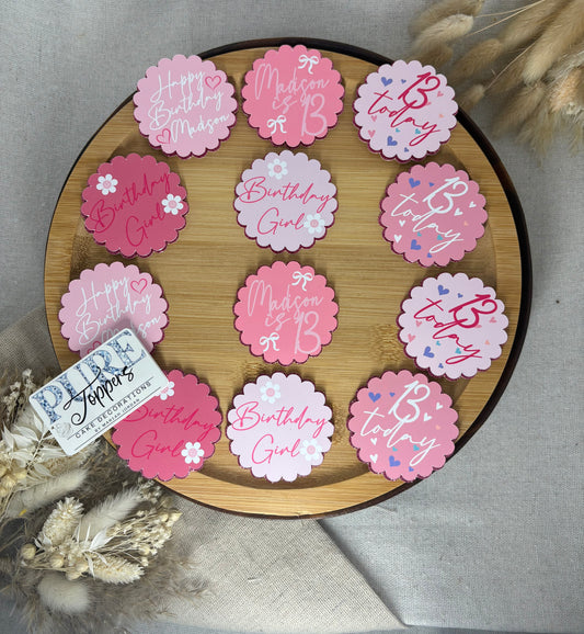 Personalised birthday girl cupcake toppers in pretty pink layered designs