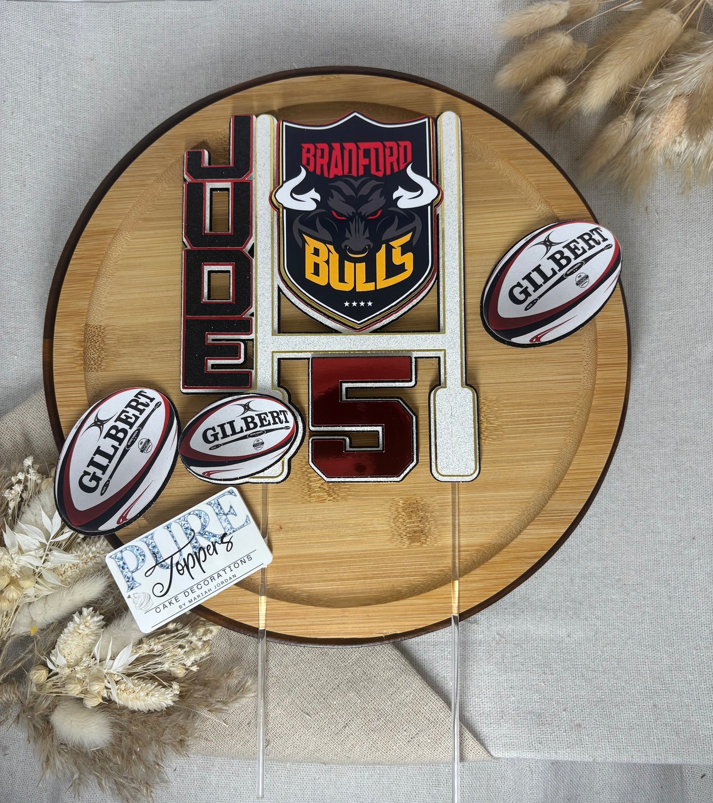 Personalised Bradford Bulls rugby cake topper with custom name and age