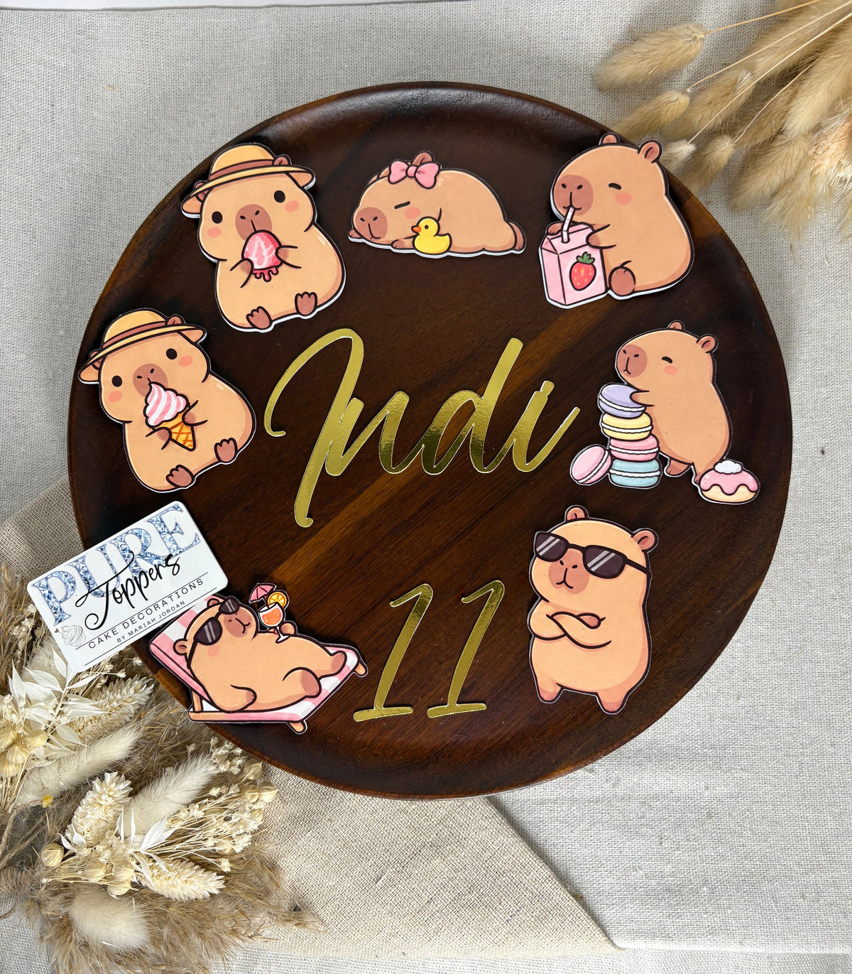 Personalised Capybara Cake Topper Set with Gold Foil Name and Age