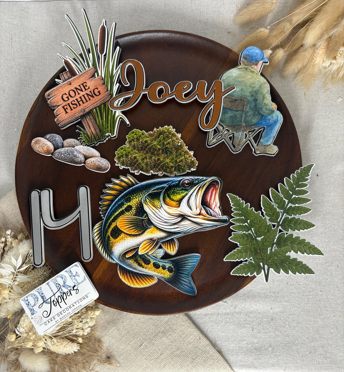 Personalised fishing cake topper set with bass fish, fisherman, Gone Fishing sign, name and age birthday decorations