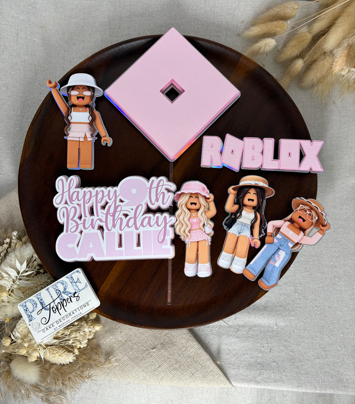 Personalised girls Roblox cake topper set with custom name and age