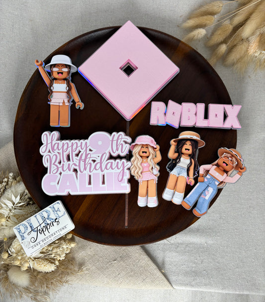 Personalised girls Roblox cake topper set with custom name and age