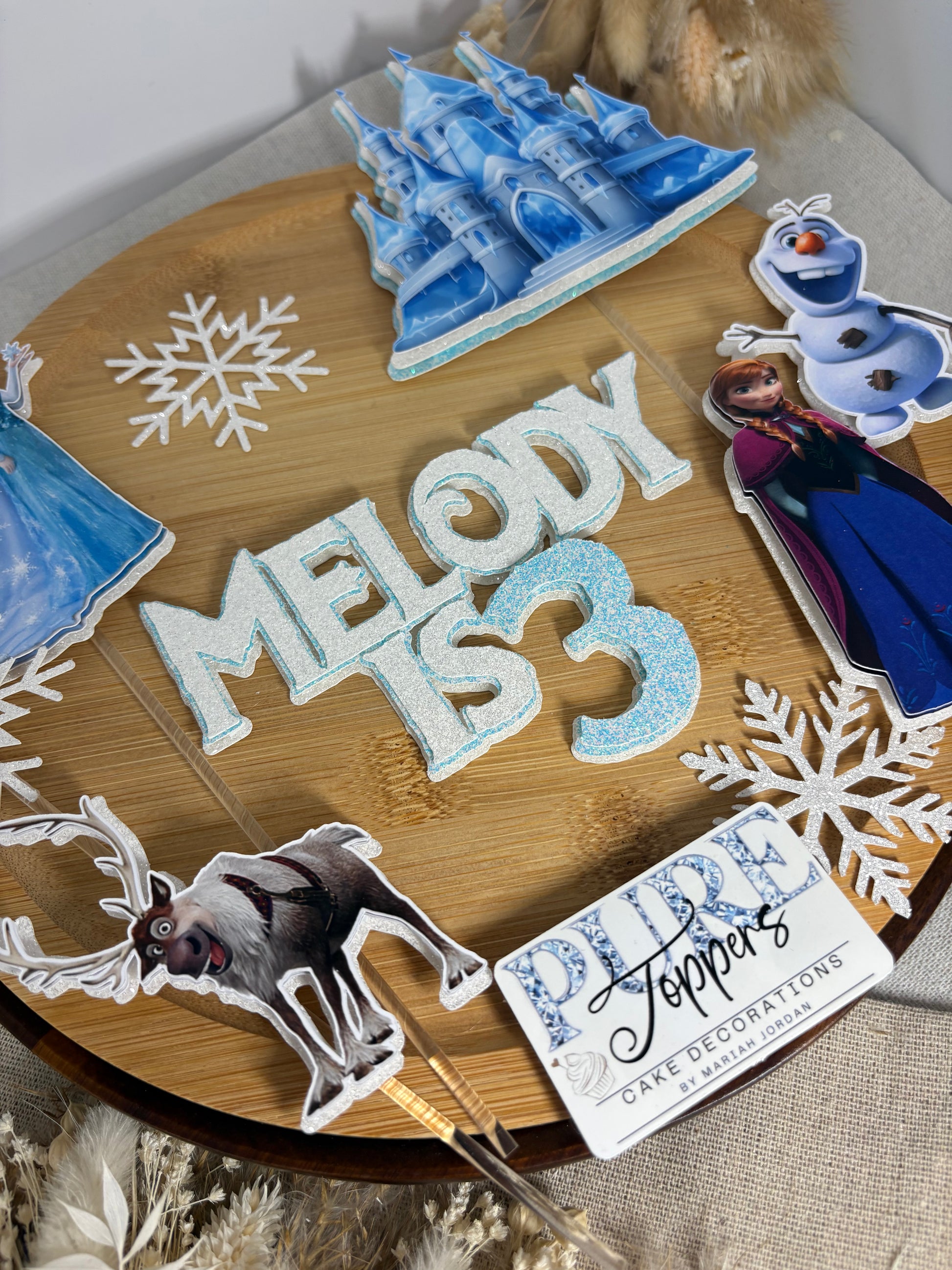 Personalised ice princess cake topper with layered name and age for a children's birthday cake
