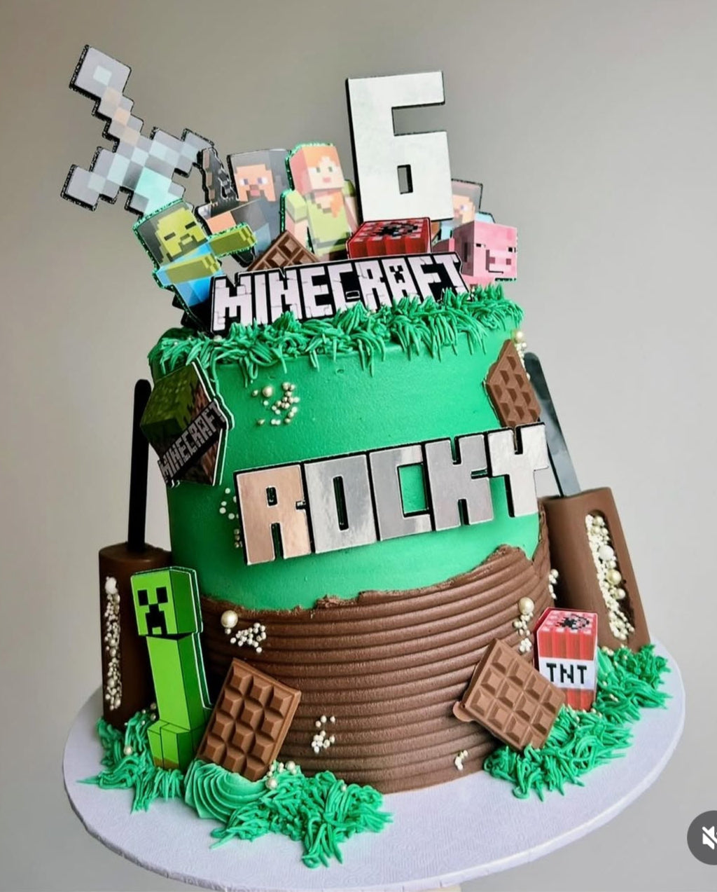 Personalised Minecraft cake topper set on a themed birthday cake