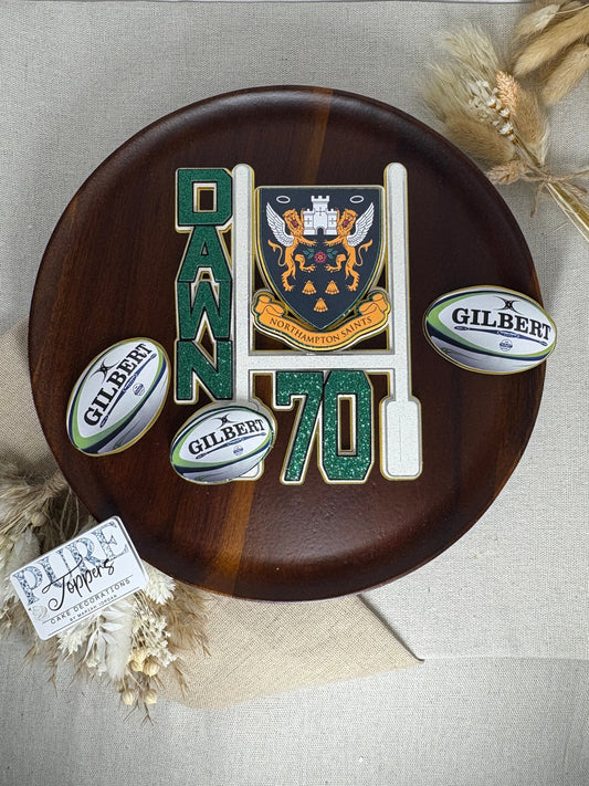 Personalised Northampton Saints rugby cake topper with custom name and age
