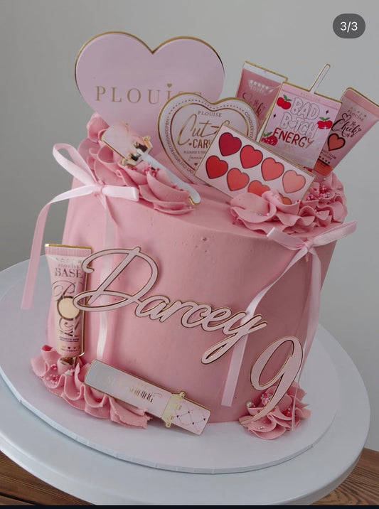Personalised P. Louise inspired cake topper set with baby pink and gold foil name, age and beauty-themed decorations