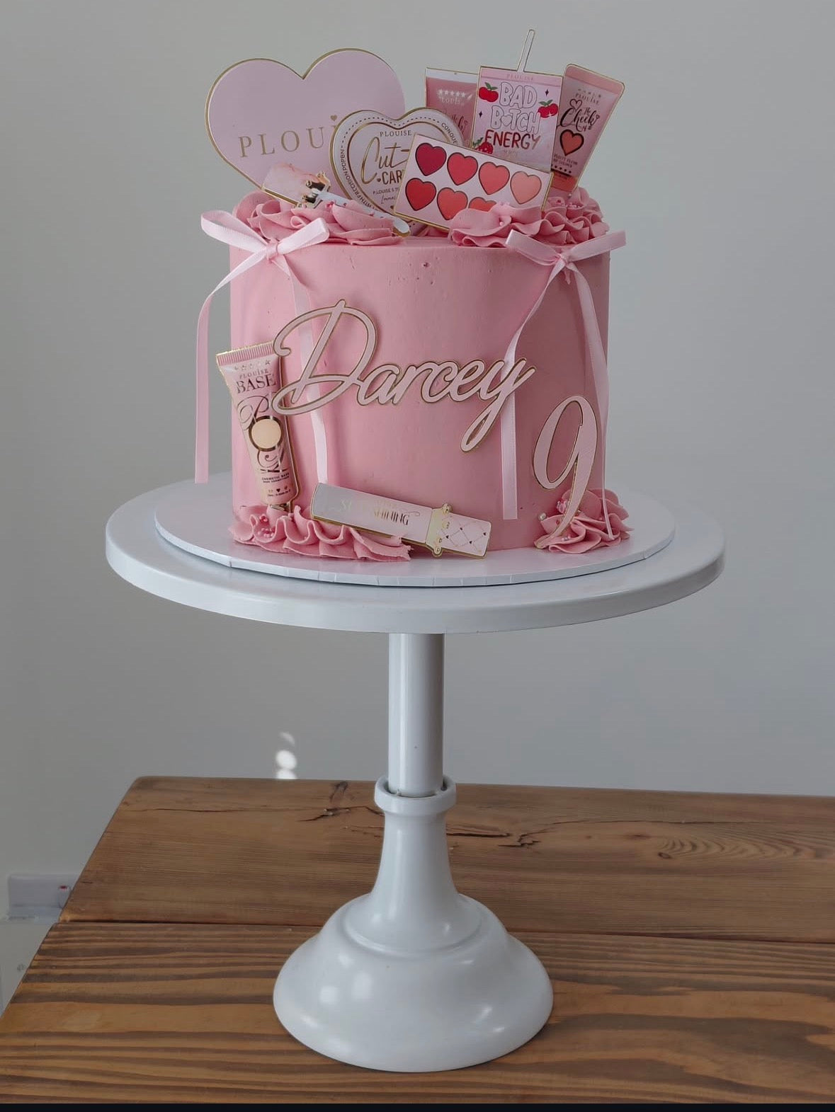 Personalised layered name and age cake topper in baby pink and shiny gold foil