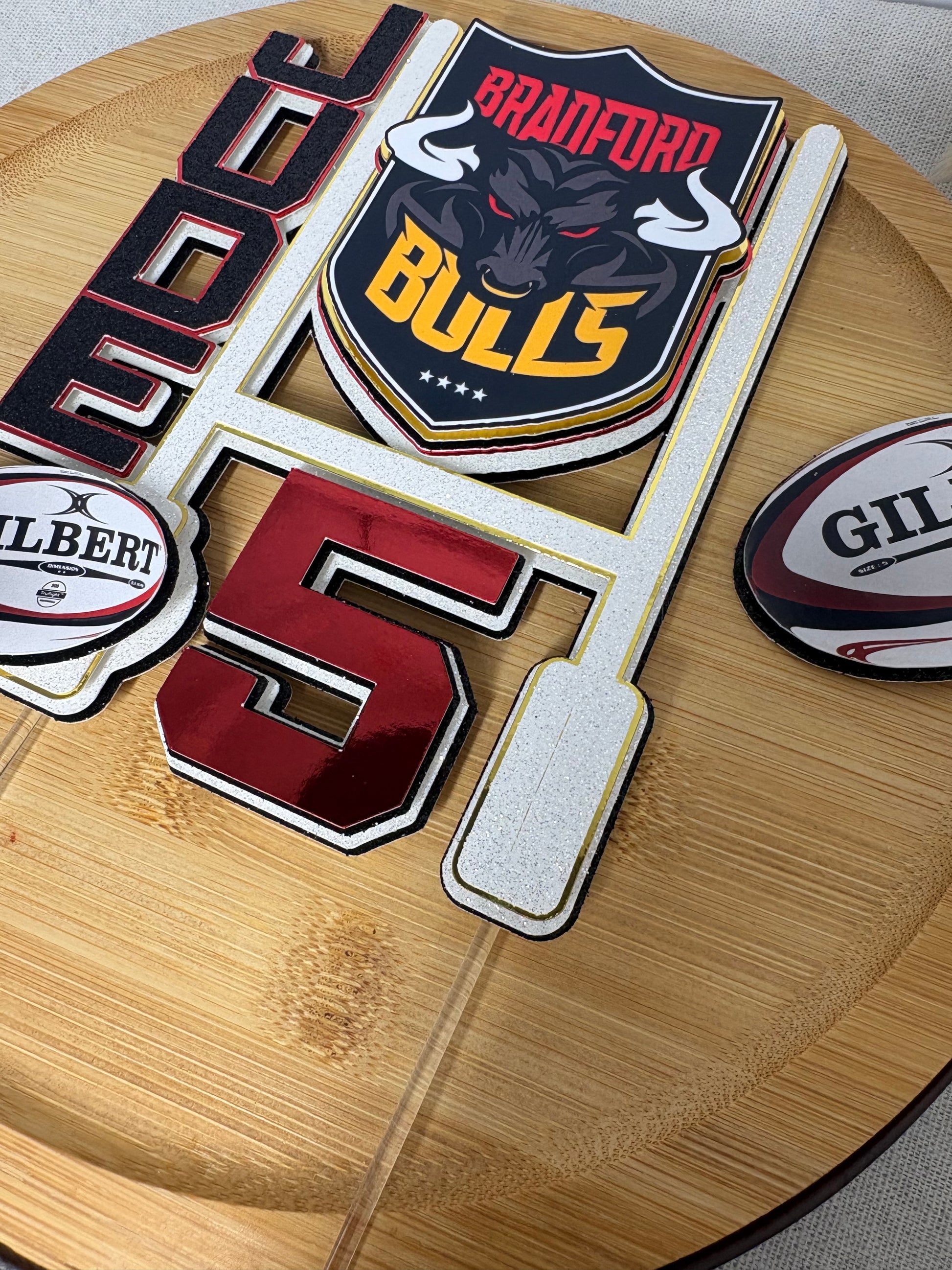 Handmade personalised Bradford Bulls rugby cake topper made from layered cardstock