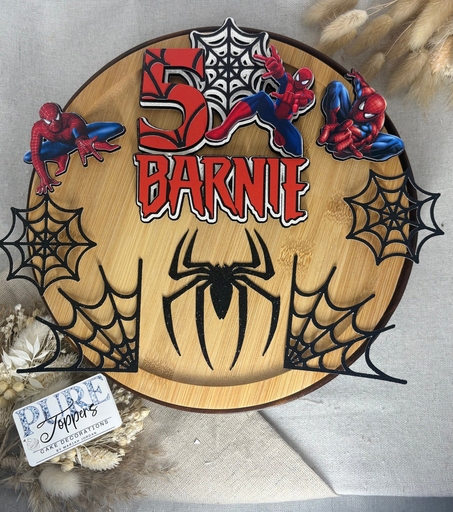 Personalised Spider-Man inspired 3D cake topper set with layered name, age and character decorations