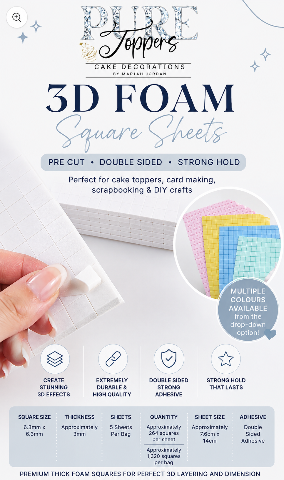 Pre-cut double sided foam pads, 3mm thick adhesive foam squares for crafts