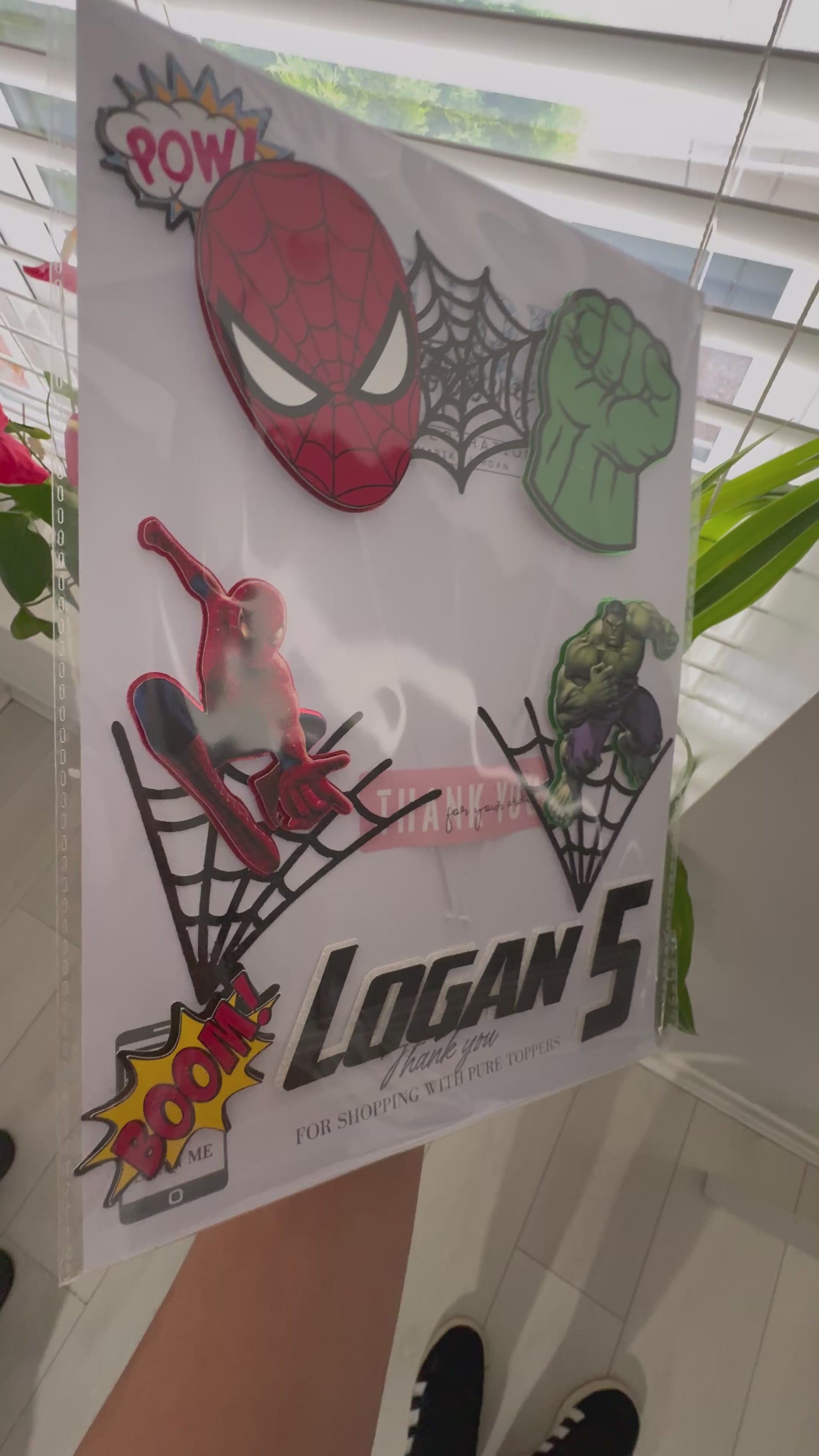 Personalised Spiderman & Hulk 4 Cake Topper with name and age, Spiderman and Hulk figures, spiderwebs, action charms ‘Boom’ and ‘Pow’, and sticks for birthday cake