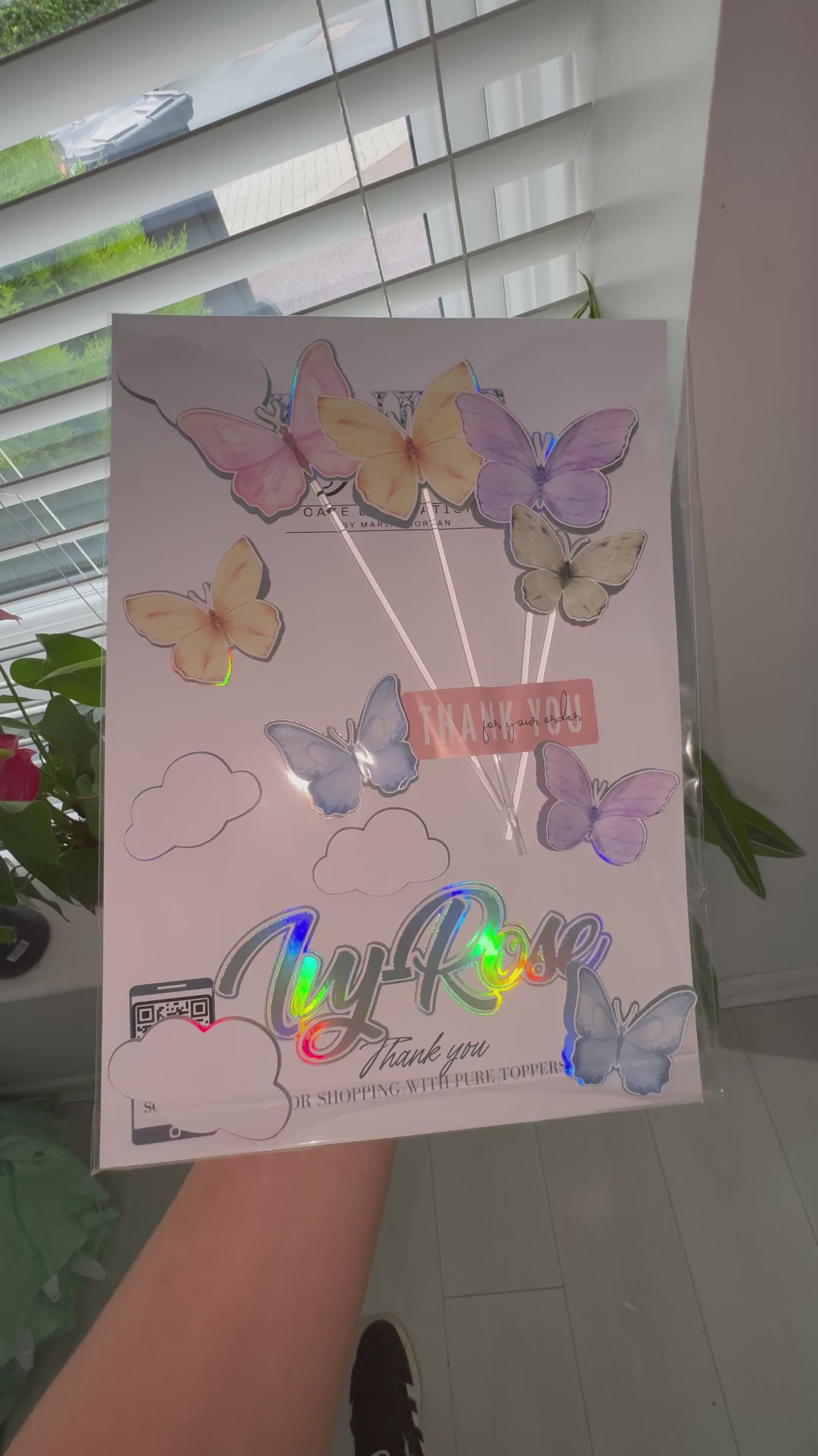 Make your cake sparkle with this 3D Personalised Butterfly Cake Topper Set! Features a holographic name and age topper plus 8 layered watercoloured butterflies sized perfectly for 6–7 inch cakes. Ideal for birthdays, baby showers, and garden themes.