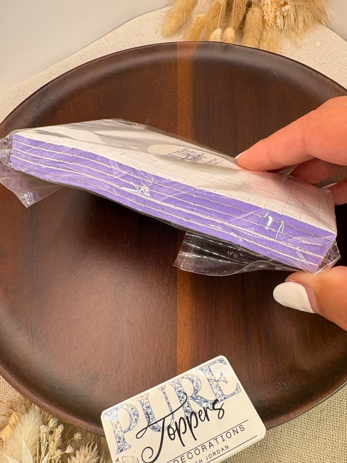 Purple pre-cut 3mm double sided adhesive foam pads for cake toppers, card making and craft projects.