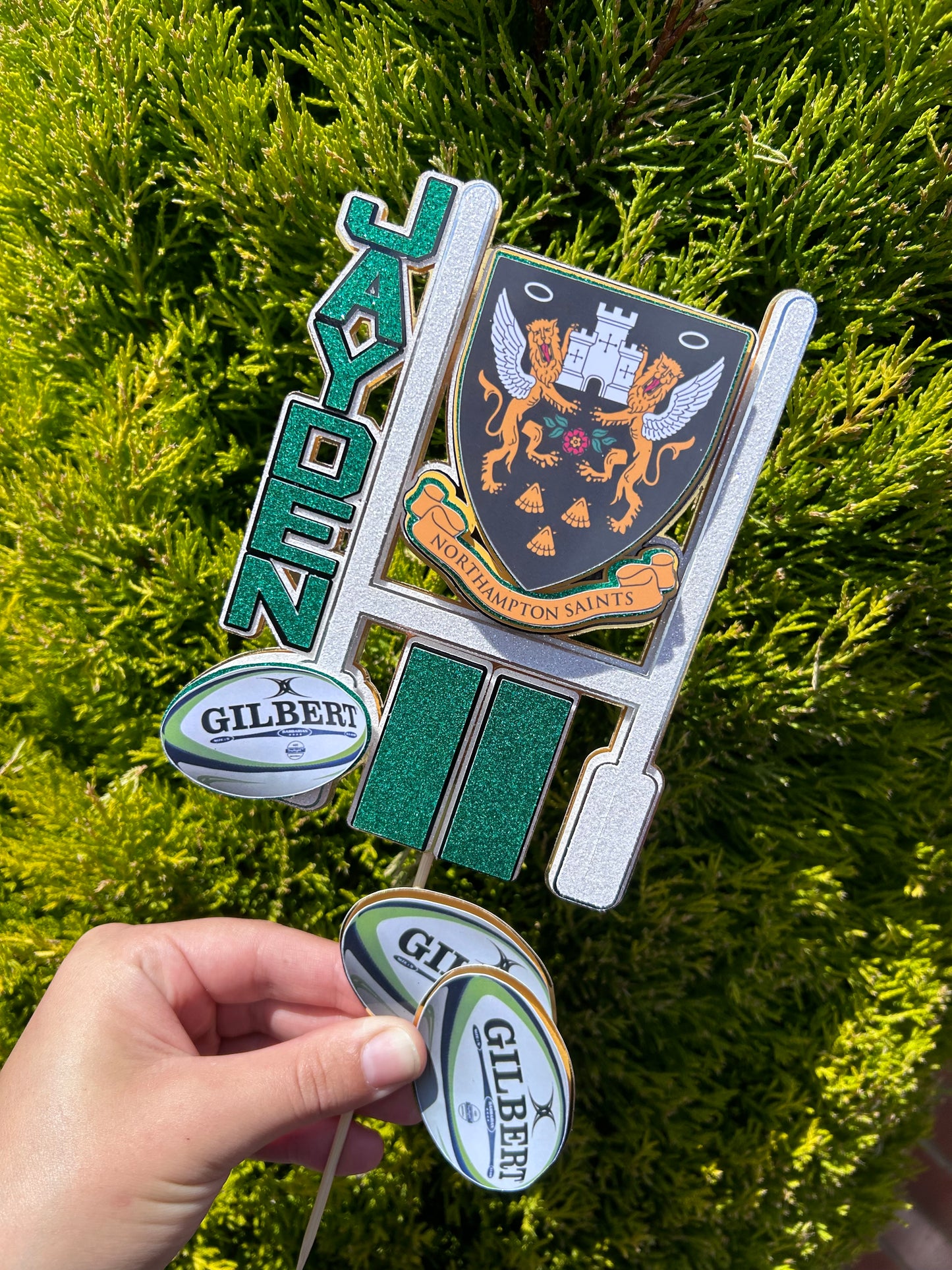 Layered personalised rugby cake topper handmade by Pure Topper