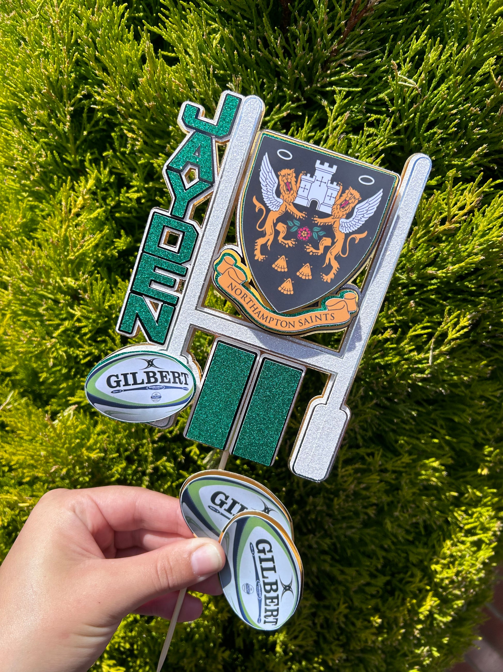 Layered personalised rugby cake topper handmade by Pure Topper