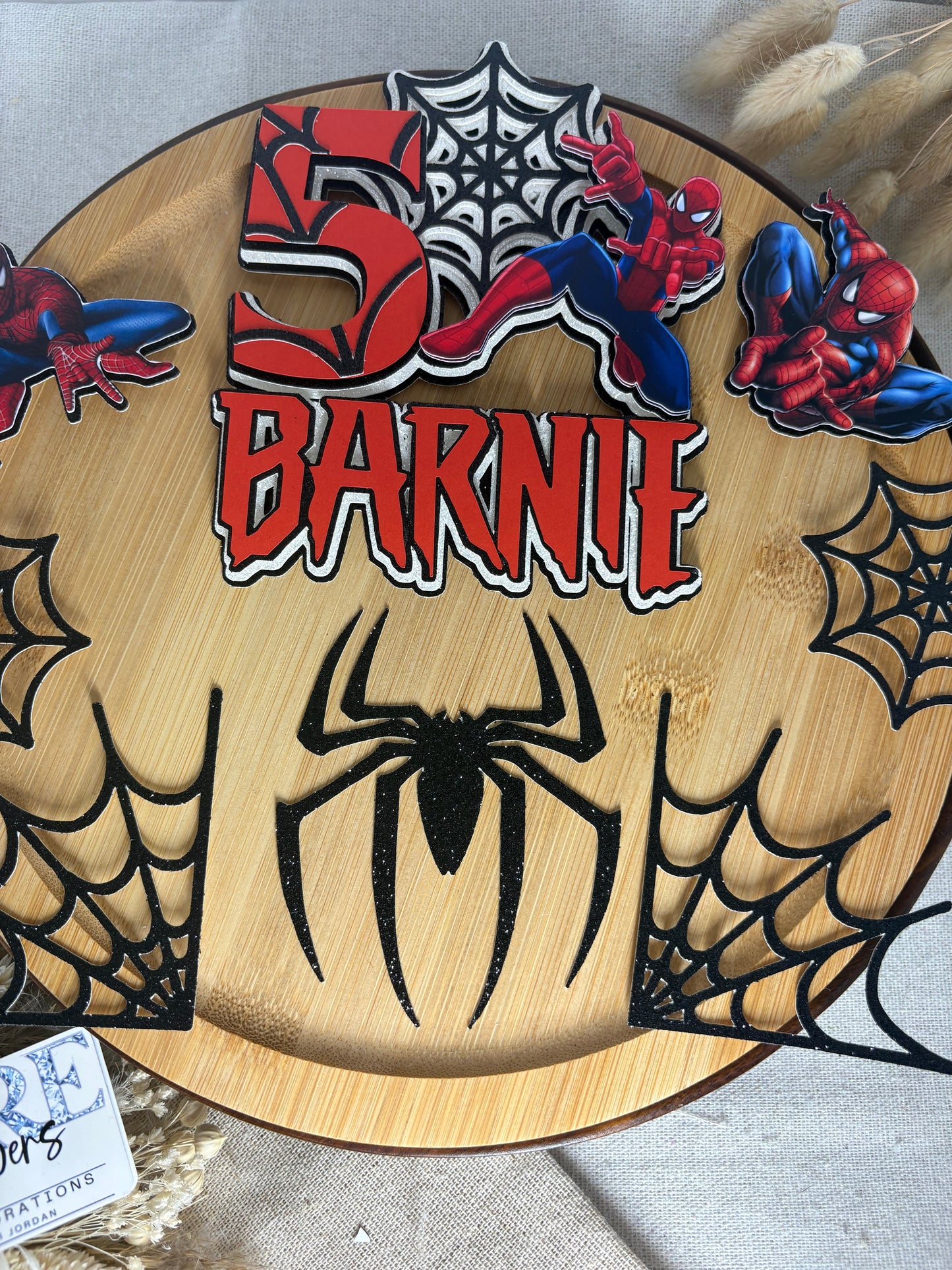 Spider-Man inspired birthday cake topper with personalised name and age